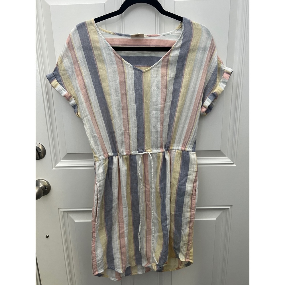 ANA a new approach Striped Drawstring Waist Dress V-Neck Pockets Small Multi